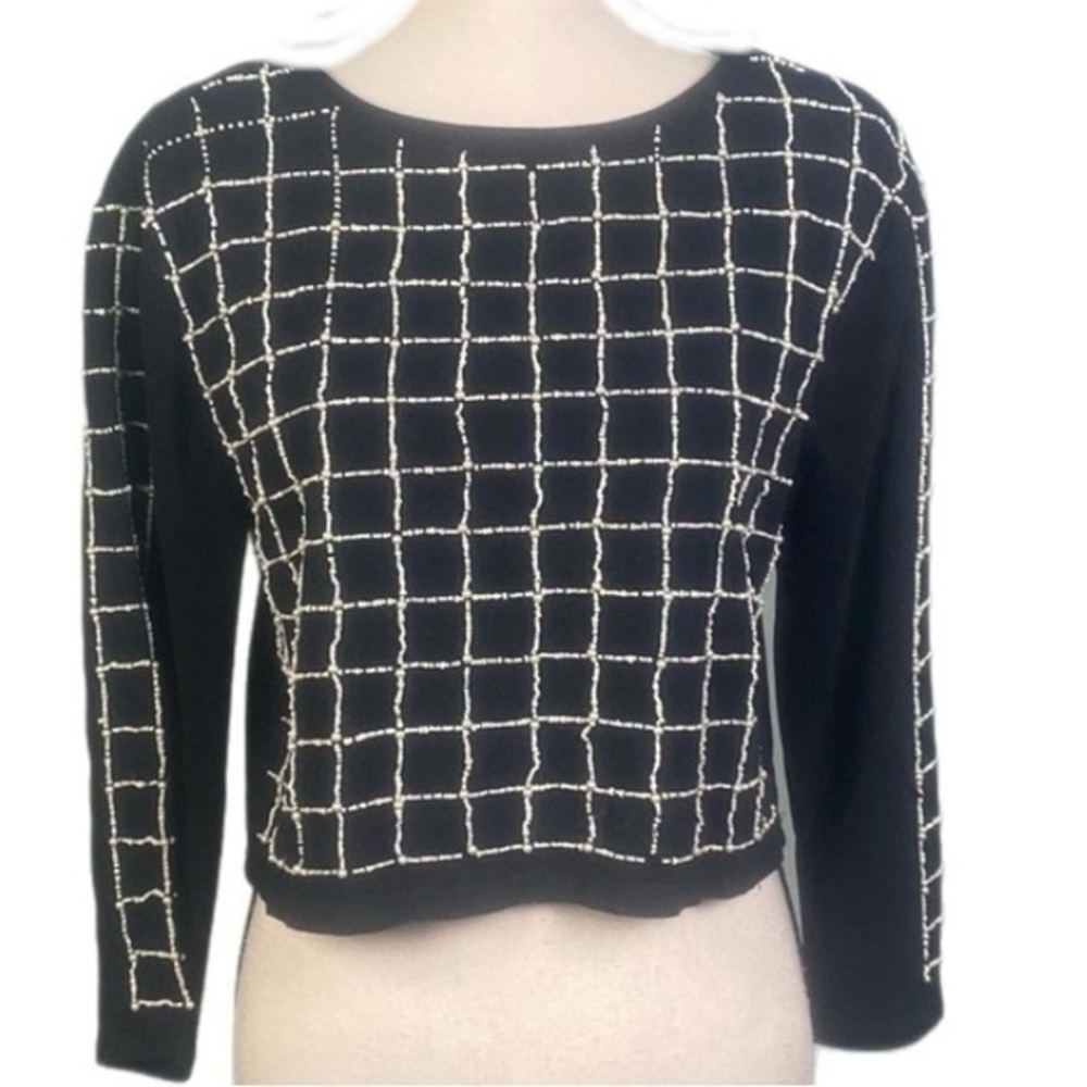 ZARA TRAFALUC black boxy cut sweater with pearlized beading. Size Small. EUC